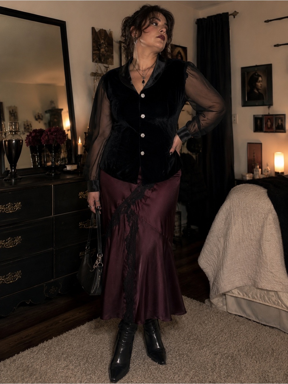 Dressbarn Collection XL Black Velvet Sheer Sleeve Blouse Rhinestone Buttons